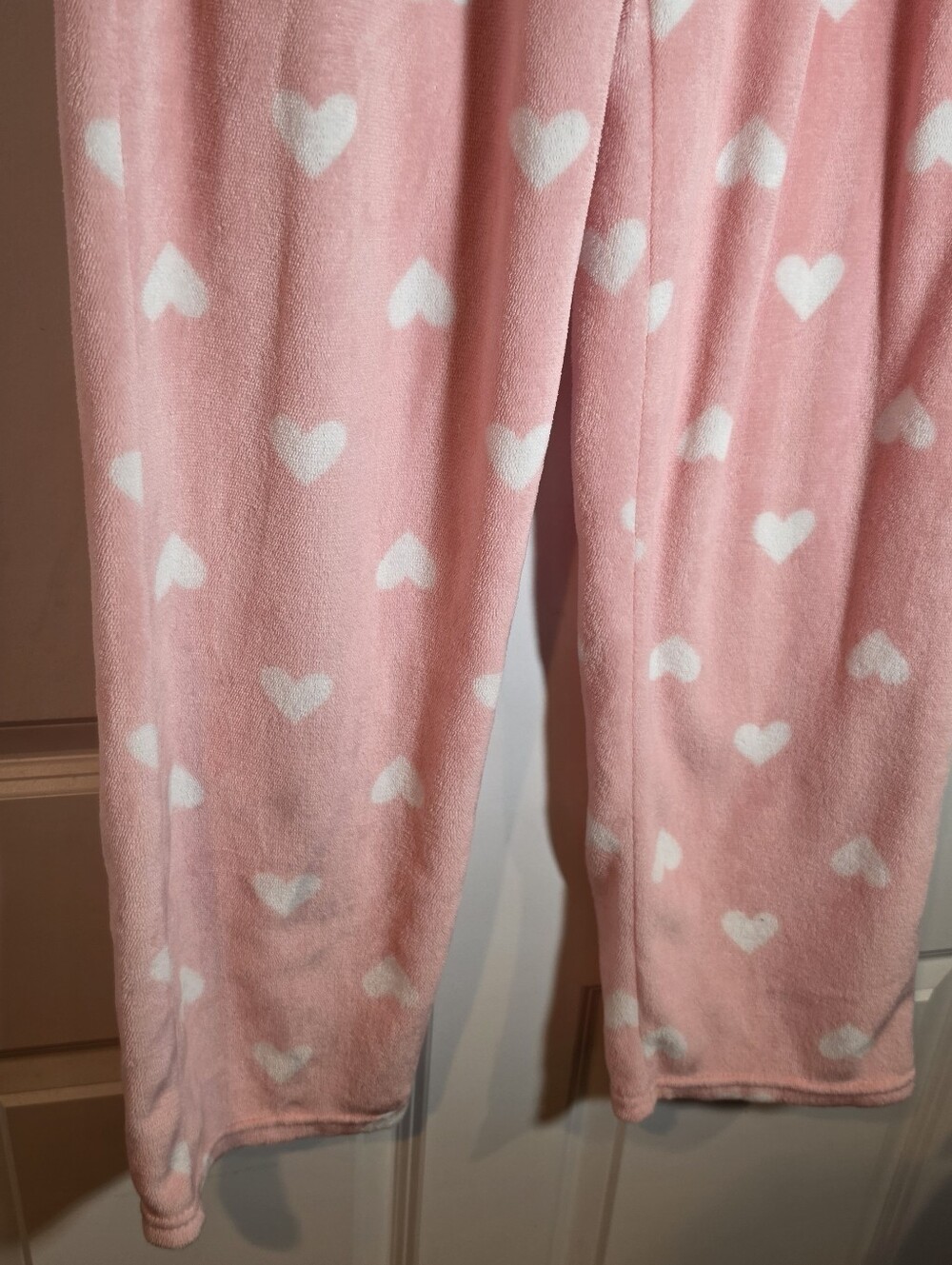 Pink And White Heart-Print Soft Plush Pajama Pants With Pockets L - Picture 3 of 4